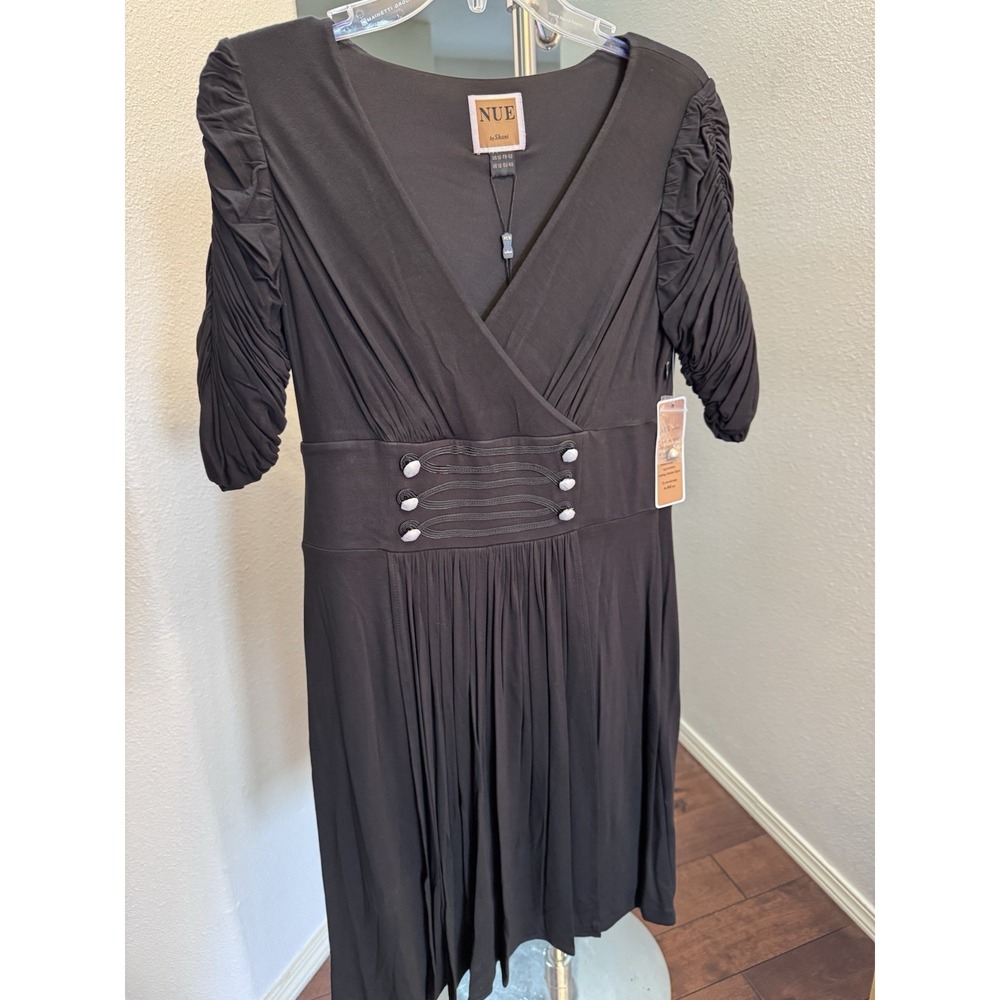NUE by Shani Dress Black Ruched 3/4 Sleeves Buttons Pleating Crossover Size 10